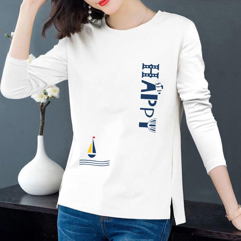 Женская футболка Slim Fit из хлопка с принтом и длинными рукавами - Круглый вырез, разрез по низу