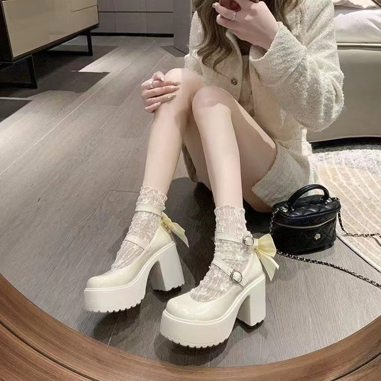 Fashion White High Heels Women's Shoes Summer New Style Platform Mary Janes Sweet Butterfly Knot 10cm Thick Heeled Female Loafers Pumps