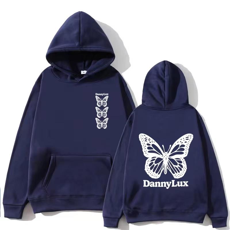 Butterfly‑line Men Hoodie Front Small Vertical Butterfly Graphic, Back Large Butterfly Text Logo Pullover For Trendy Daily Casual Street Outfits