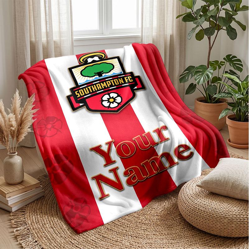 Southampton FC Custom Name Text Flannel Blanket Soccer Logo Personalized Fleece Throw Blanket Special Gift For Sofa Bedroom Home