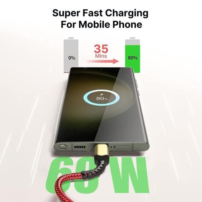 2 Câble USB-C vers USB-C Charge Rapide 60W pour iPhone 16/16e, iPhone 16 Plus, iPhone 15 Pro, iPhone 15 Pro Max - Nylon 1M Rouge
