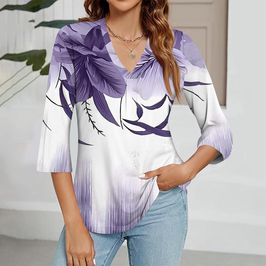 Women's V-neck Gradient Print Three-quarter Sleeve Fashion Top