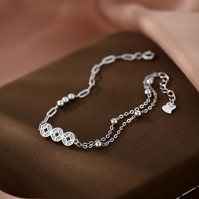 Стерлингового Серебра S925 Серебряный Браслет Китайский Стиль Браслет Счастливая Медная Монета Ретро Мода Двухслойный Браслет Из Бисера Для Женщин