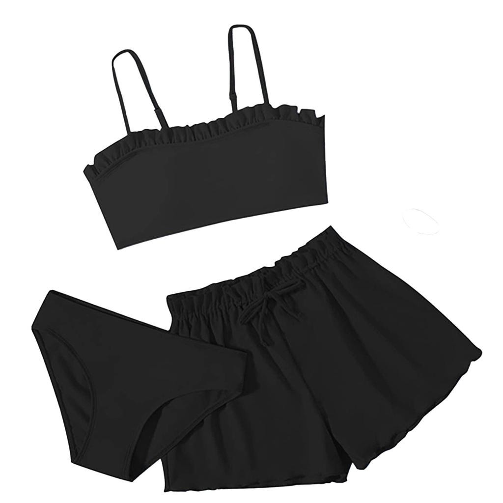 Детский однотонный купальник из двух частей с оборками, комплект из трех частей для девочек