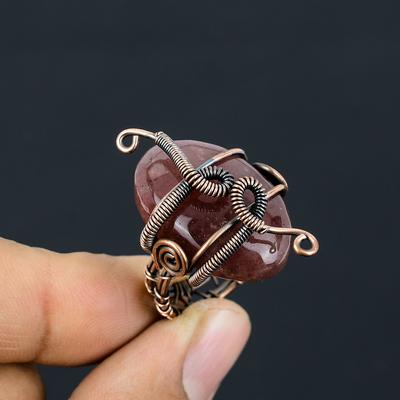 Кольцо из медной проволоки с натуральным клубничным кварцем ручной работы, размер 7, J5M86