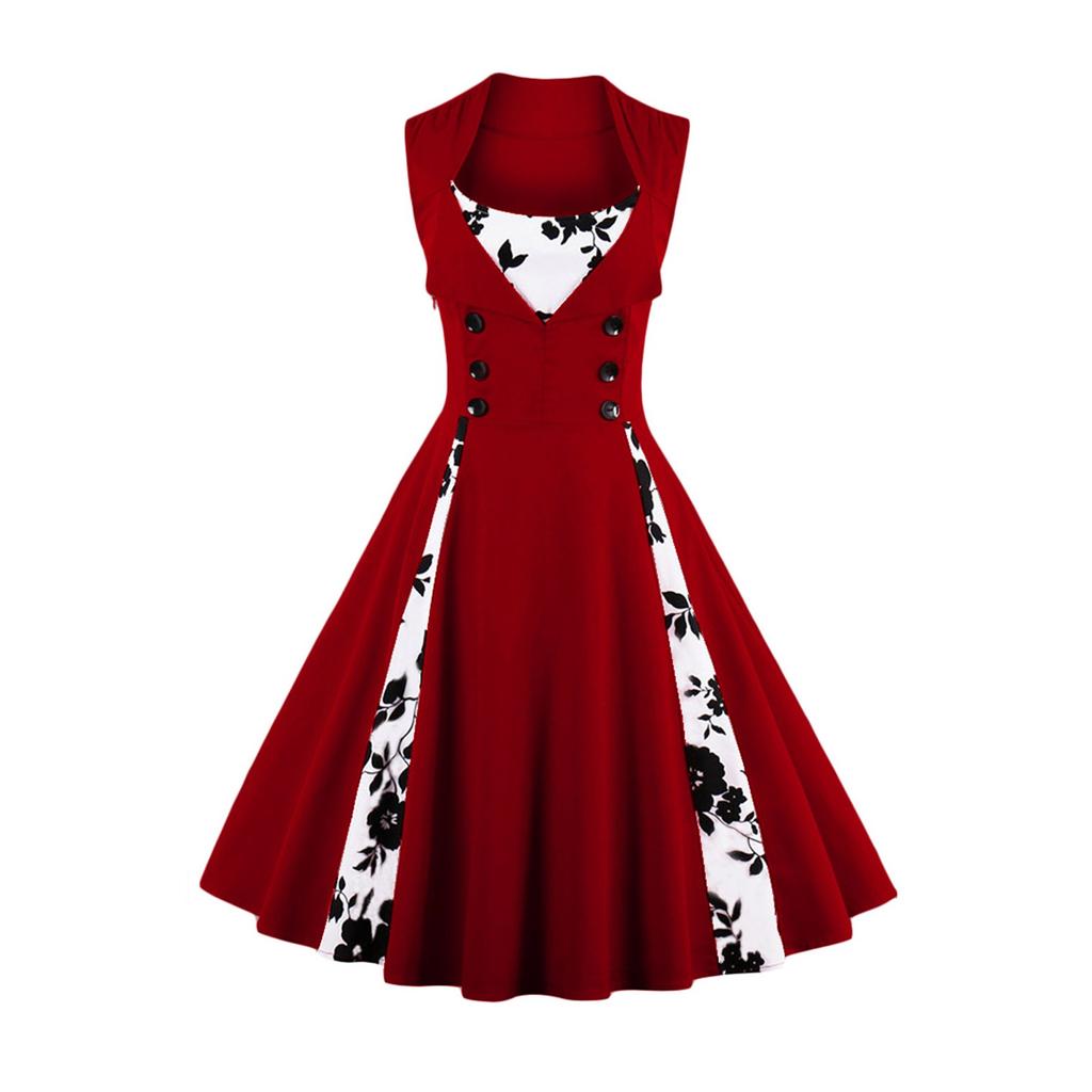 Women's Fashion Dress Vintage Slim Fit Sleeveless Floral Print Dress