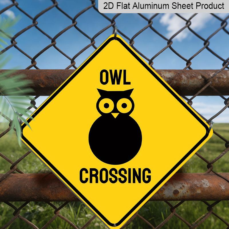 2D Flat 1pc - Metal Sign Featuring A 2D Flat Design of An Owl Crossing Warning, Suitable for Indoor and Outdoor Decoration in Gardens, Yards, and