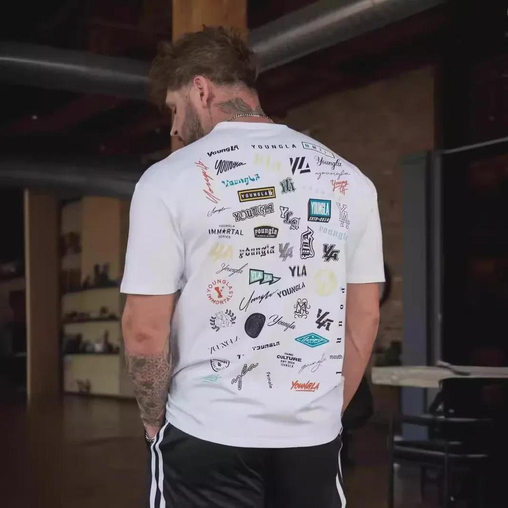 Мужская футболка свободного кроя YOUNG LA из хлопка — летний принт на всю спину, короткие рукава, круглый вырез, повседневный спортивный топ для фитнеса