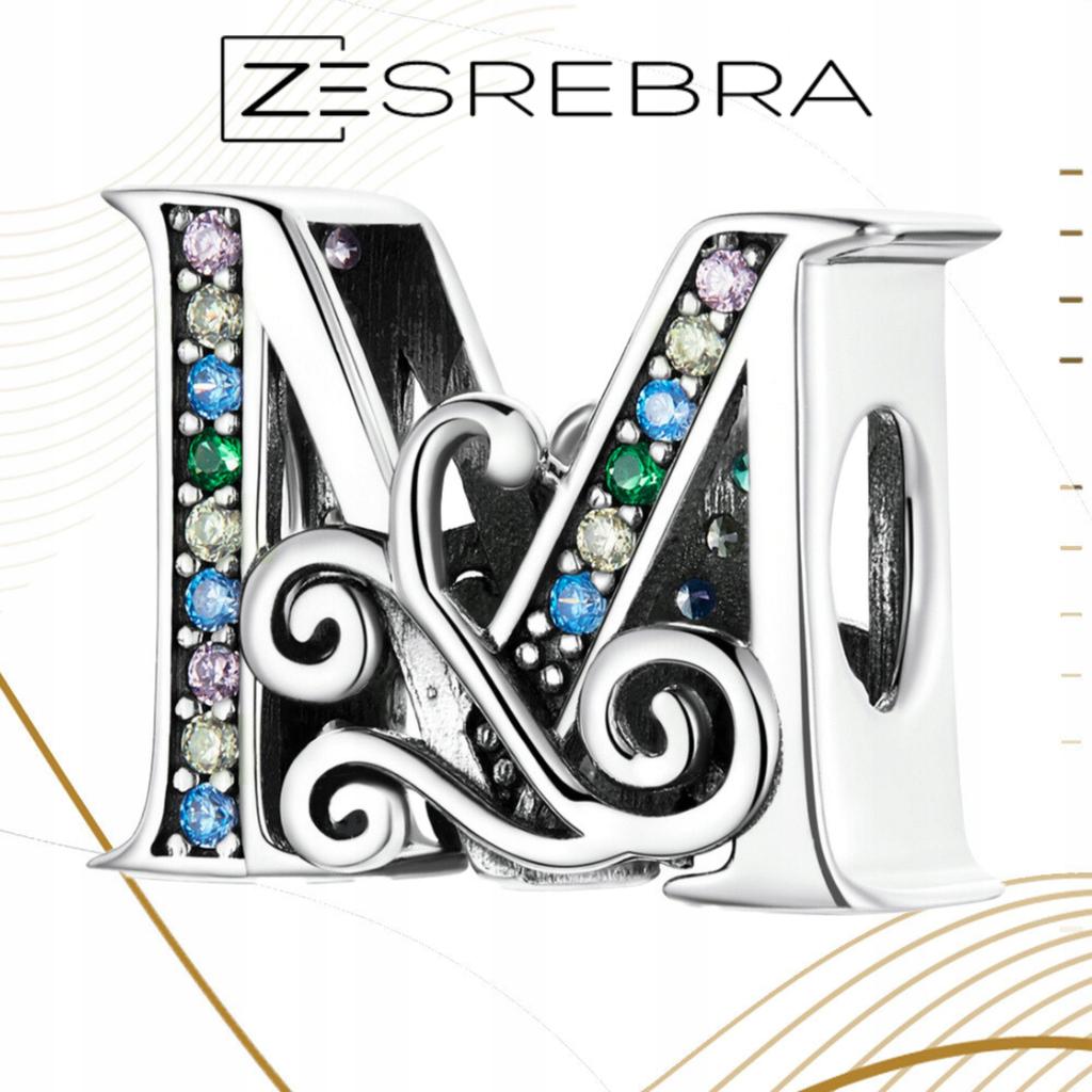 Charms Letter M Colorful Cubic Zirconia S925 Bead Pendant Twig Letter