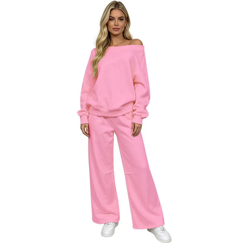 New solid color off-the-shoulder long-sleeved pullover women's sweater fashion casual wide-leg pants set