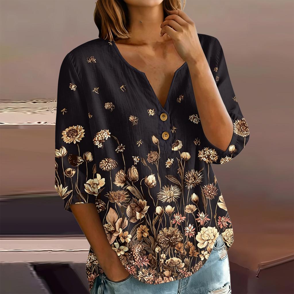 Женская блузка-henley с цветочным принтом, пуговицами спереди, рукавом три четверти, из хлопка и льна, повседневная, свободного кроя