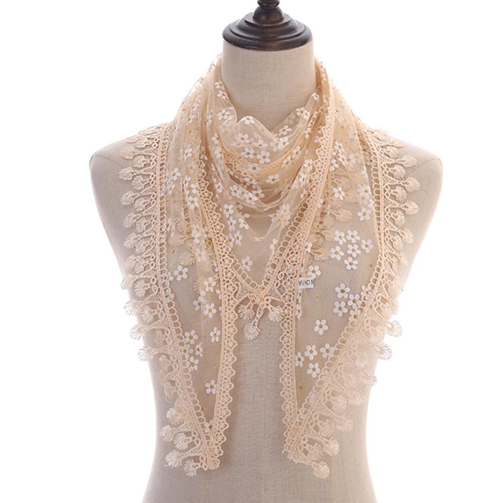 Korean Floral Lace Triangle Scarf with Tassels - Classic Breathable Design for Women
