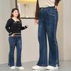 Большие размеры женские новые осенние эластичные расклешенные джинсы с высокой талией и разрезом