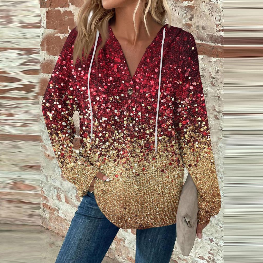 Женская мода с длинным рукавом, завязками на шнурке, капюшоном, пуговицами, V-образным вырезом, повседневная толстовка с капюшоном и рождественским принтом