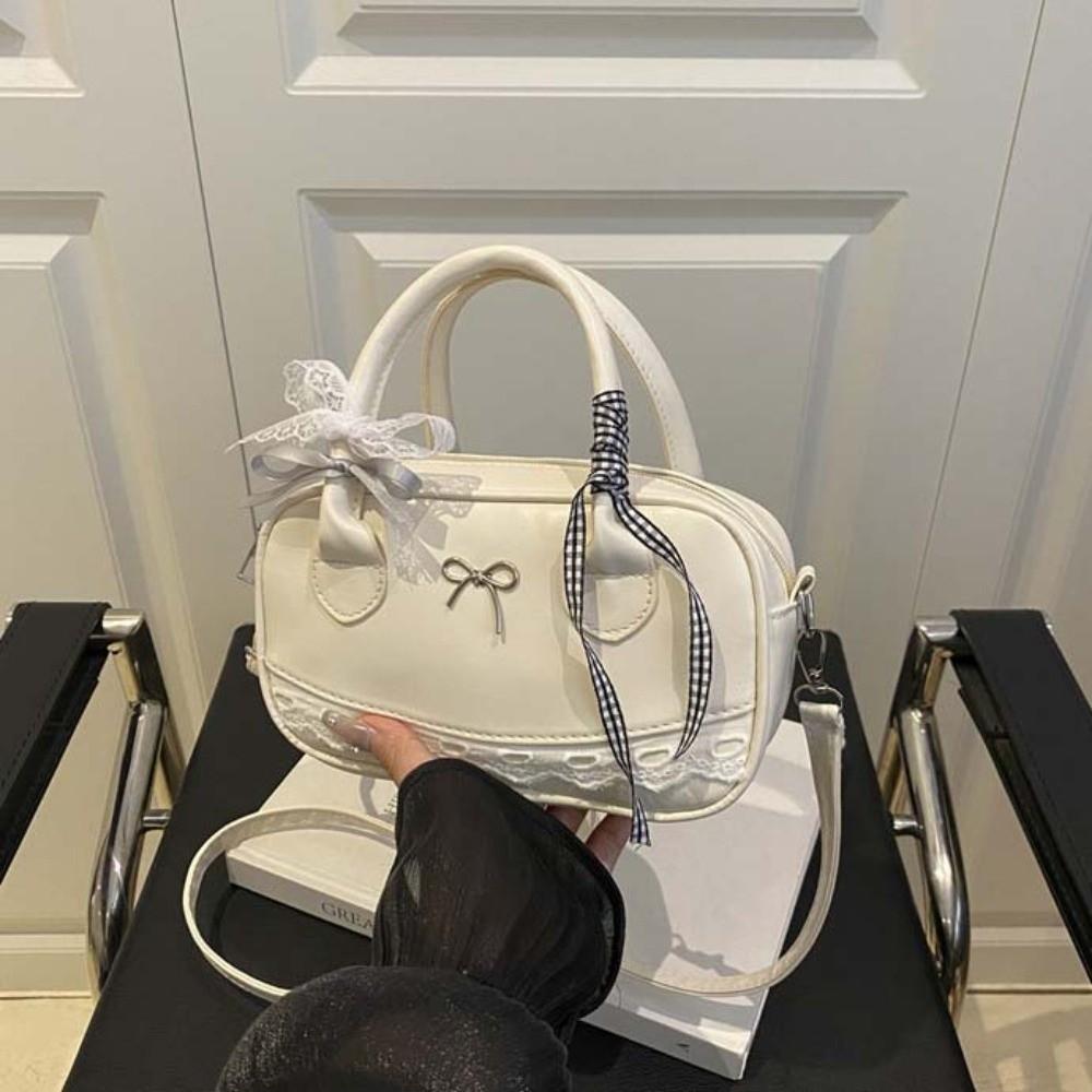 Bow Boston Handbag Lace Ribbon Small Square Bag Pea Bag Crossbody Bowling Bag Party
