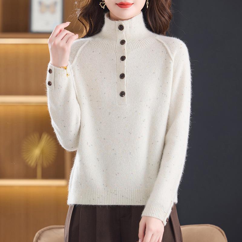 Women's Color-Block High-Neck Cashmere and Wool Sweater with Sequin Details, Tummy-Tucking Design