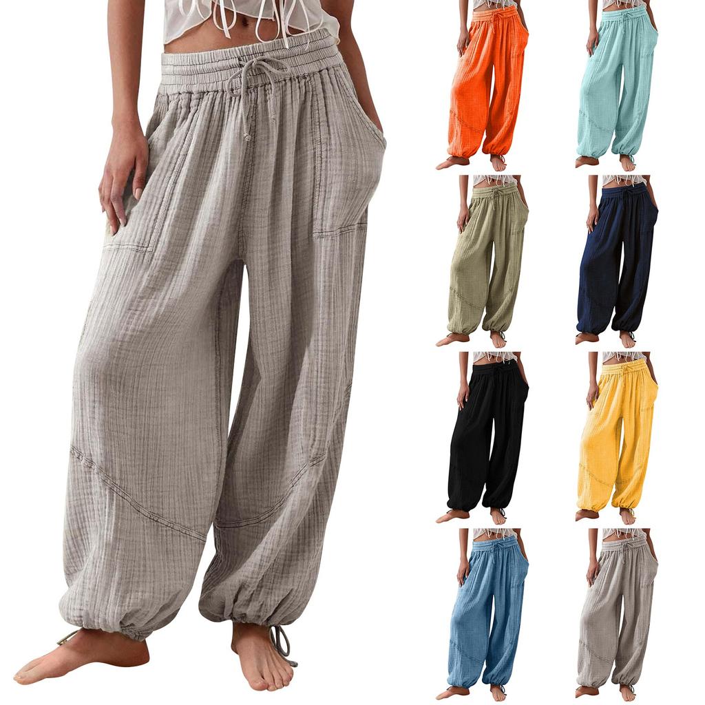 Женские модные свободные однотонные повседневные брюки с эластичной резинкой на талии и карманами