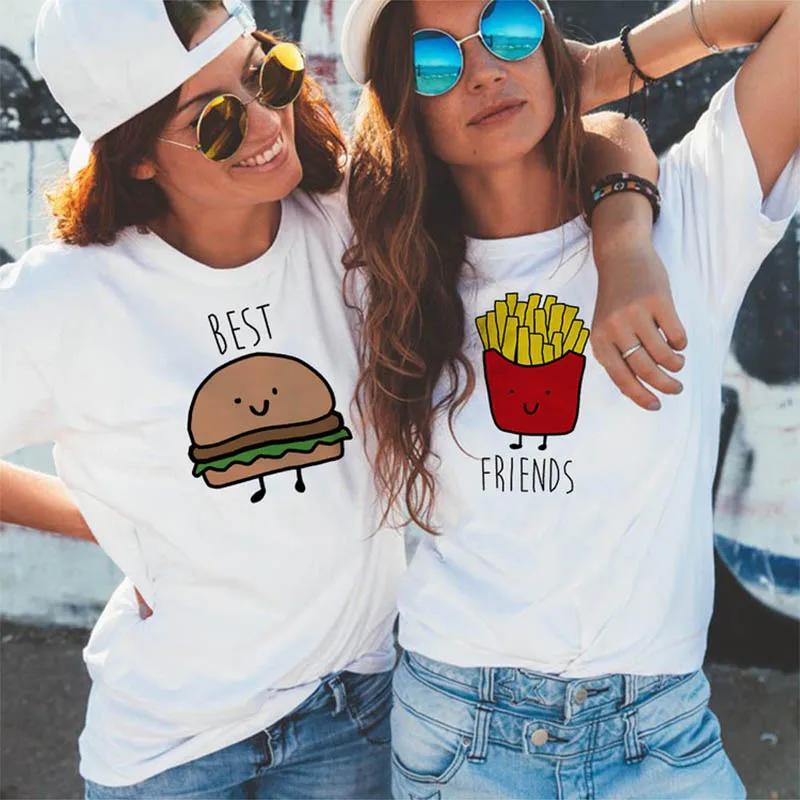 Смешной дизайн Футболка для лучшего друга Matching TShirt BFF T Shirt Женские Футболка с фастфудом для женщин Топы Футболки Гамбургер и Картофель фри