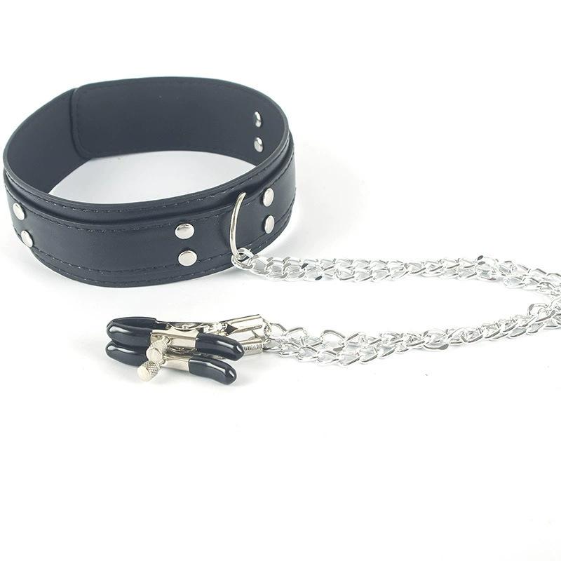 Adult Supplies Leather Sex Collar Breast Clip Punishment Traction Chain BDSM Training Dog Slave SM Props Sex Toys for Men Women
