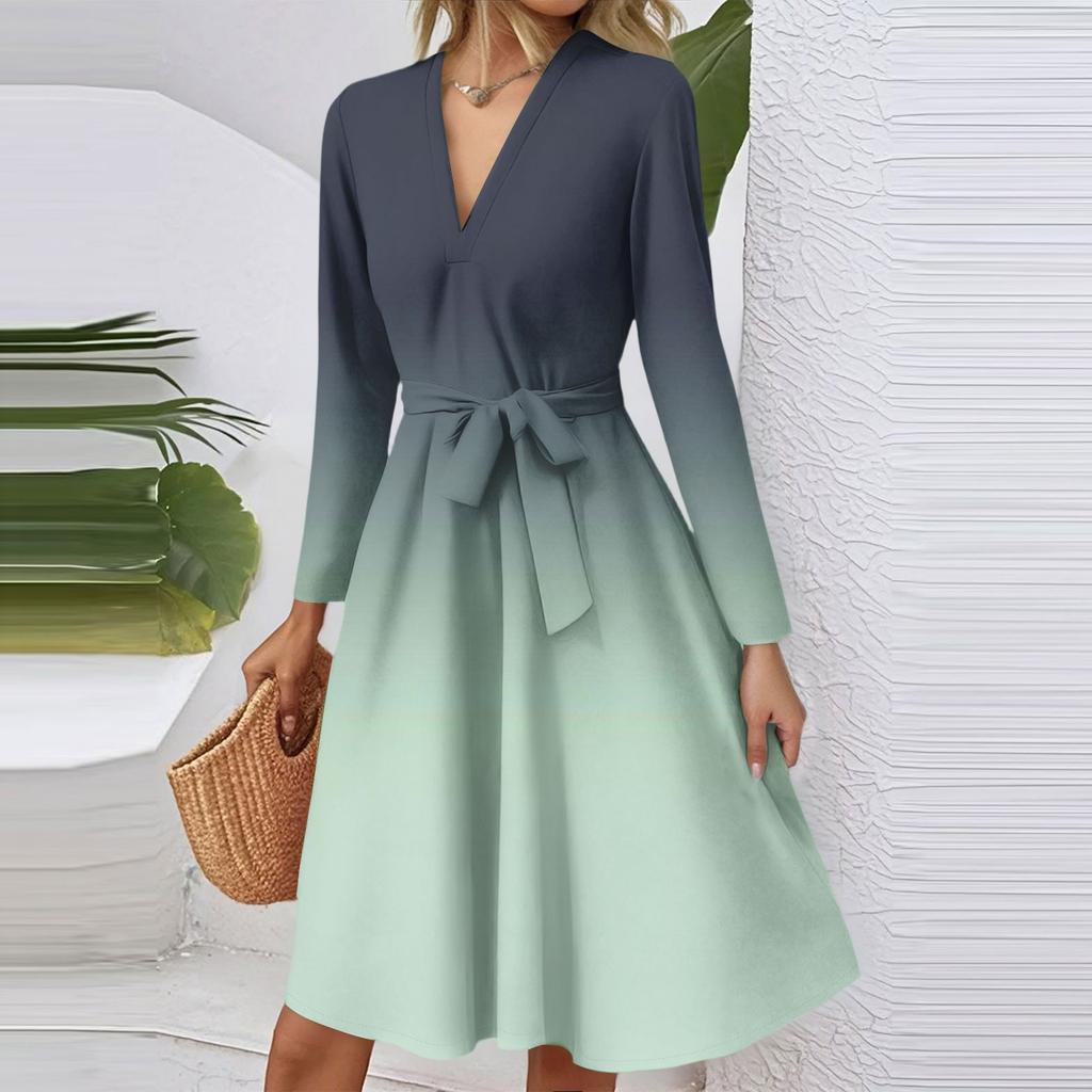 Женское модное повседневное платье миди с V-образным вырезом, длинными рукавами, приталенное, с градиентным принтом