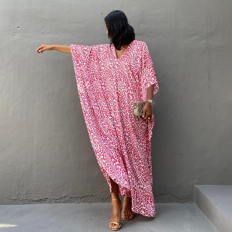 2021 European & American Leopard Print Rayon Beach Cover-up Robe with Belt