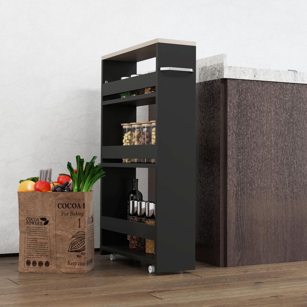 Wheeled Utility Cart, 3-Tier, 3 Shelves, Tabletop, Handle, 48 x 15 x 80 cm, Black