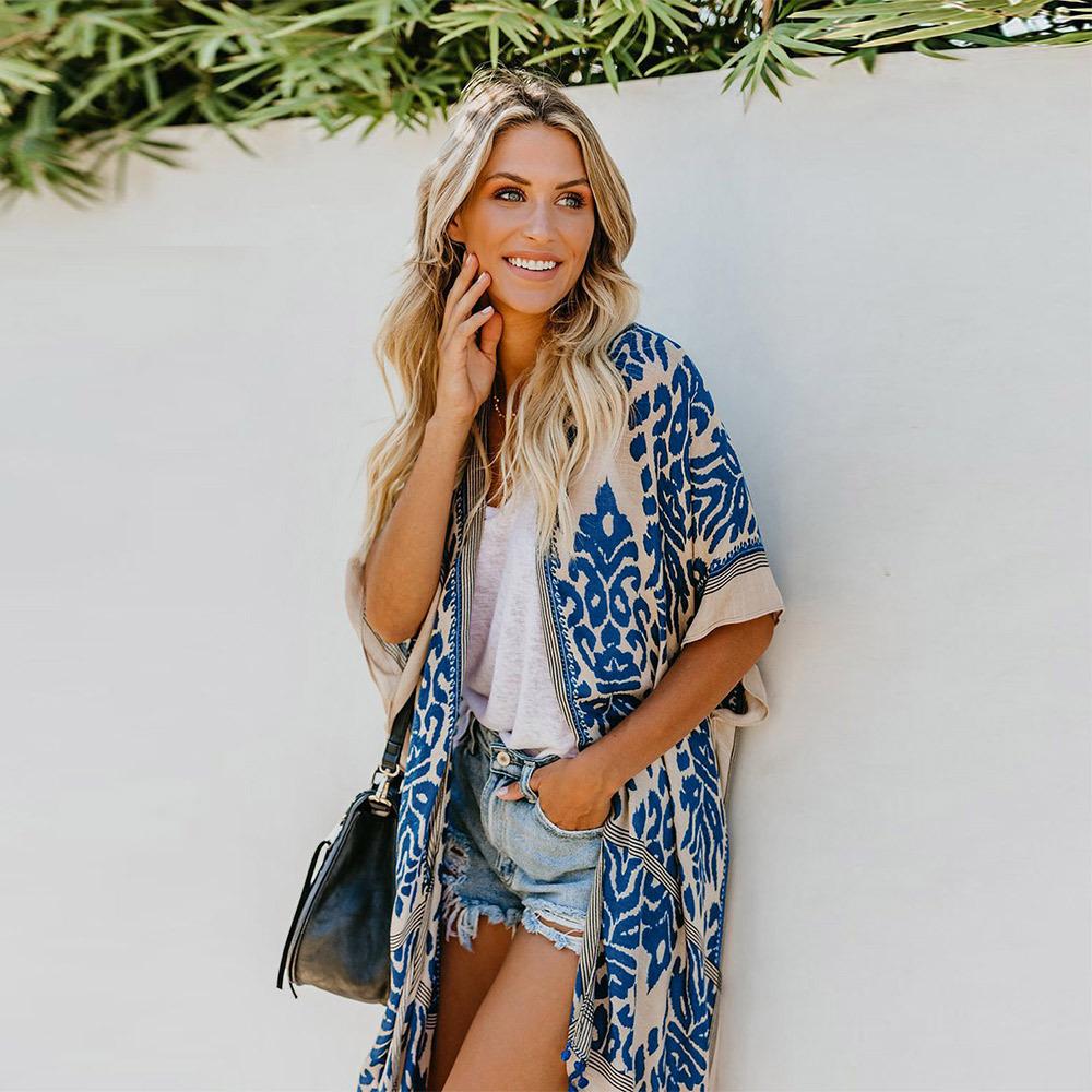 Women's Cardigan Seaside Holiday Cardigan Short Sleeve Printed Mid-length Smock Tops