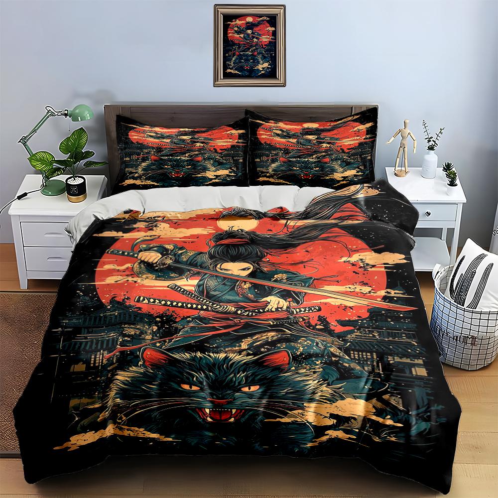Samurai, full moon, cat. Bedding sets Duvet cover sets Duvet covers Pillowcases(1 * Duvet Cover 2 * Pillowcases, without duvet insert)