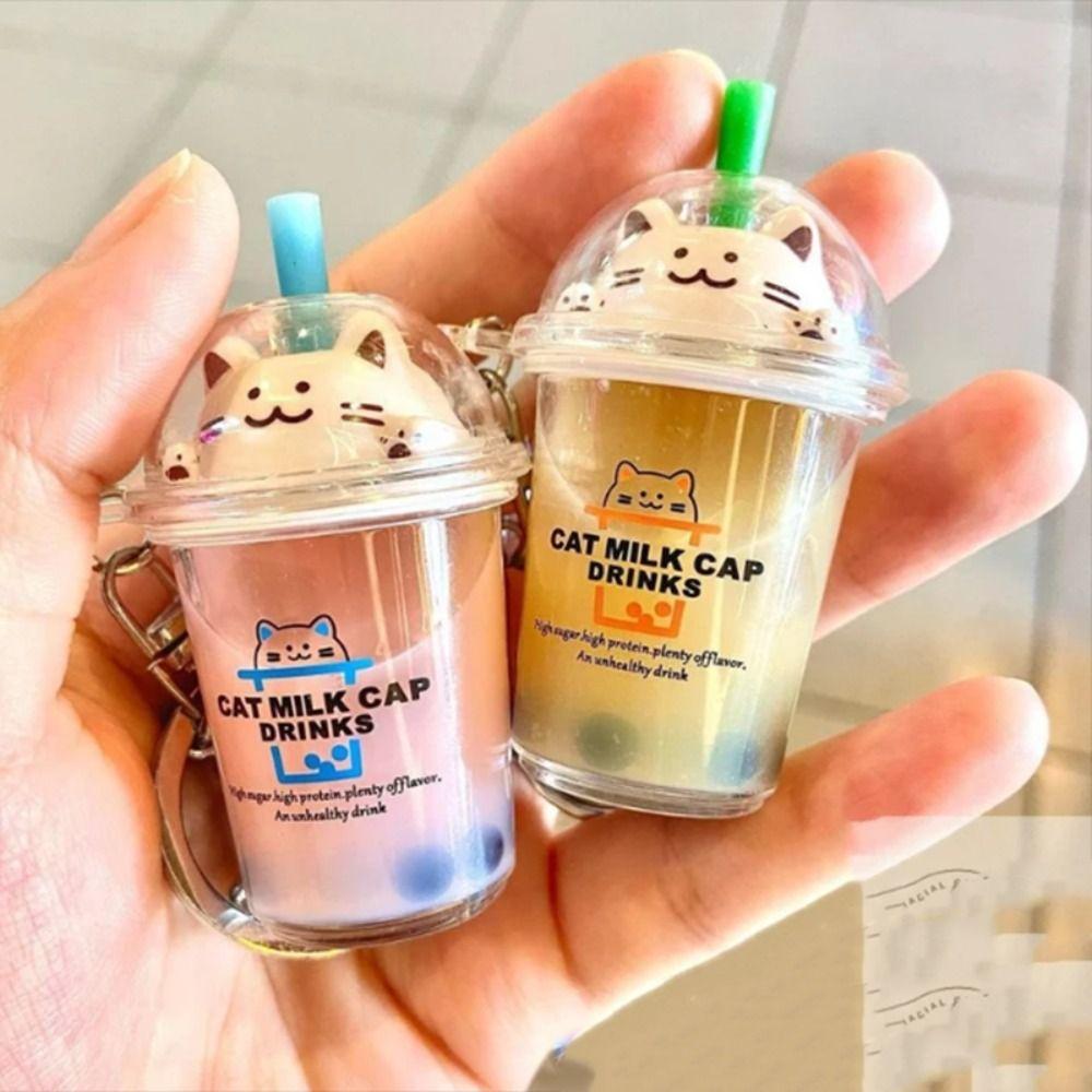 Bag Charm Cat Pearl Milk Tea Cup Keychain Key Chain Soft Drink Keyring Floating Drink Keyring