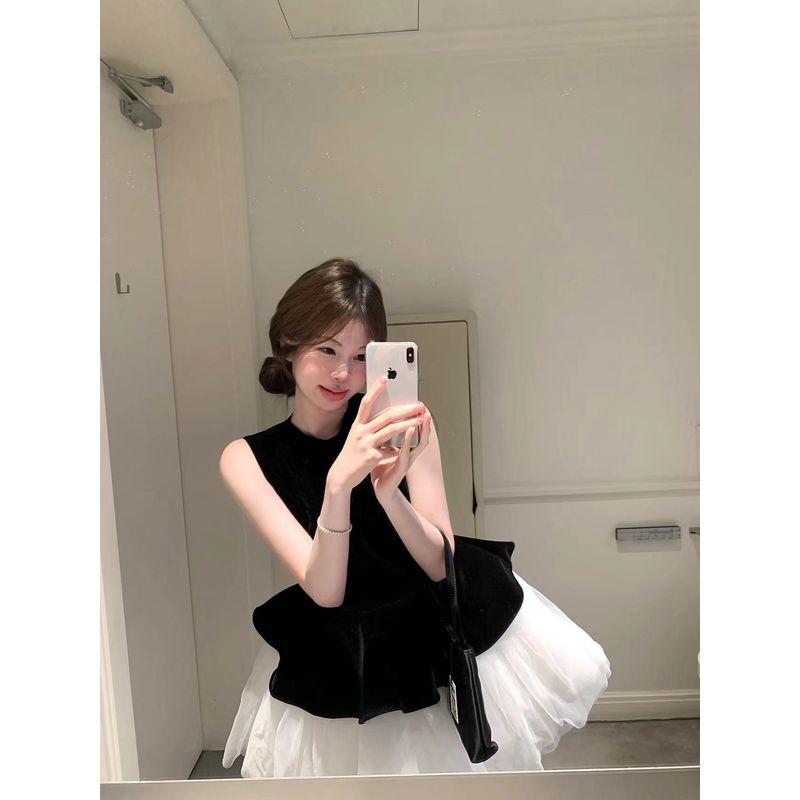 Kumikumi Sweet Style Mesh Patchwork Vest Dress Women Summer French Style Fake Two-Piece A- Line Skirt Pettiskirt