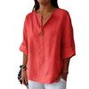 Женская рубашка с V-образным вырезом, декором на пуговицах, рукавом 3/4, свободная рубашка, однотонные дышащие повседневные топы для повседневной носки