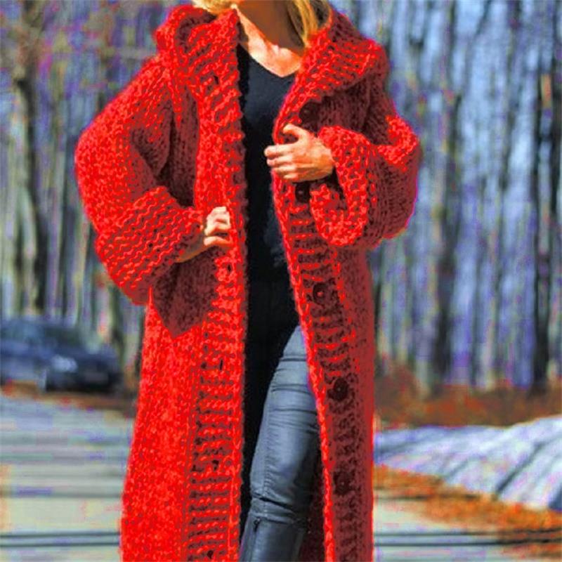 Women Knit Long Sleeve Warm Hooded Thick Cardigan Coat Winter Fashion Plus Size Knitted Sweater Ladies Long Coat Cloak Outwear