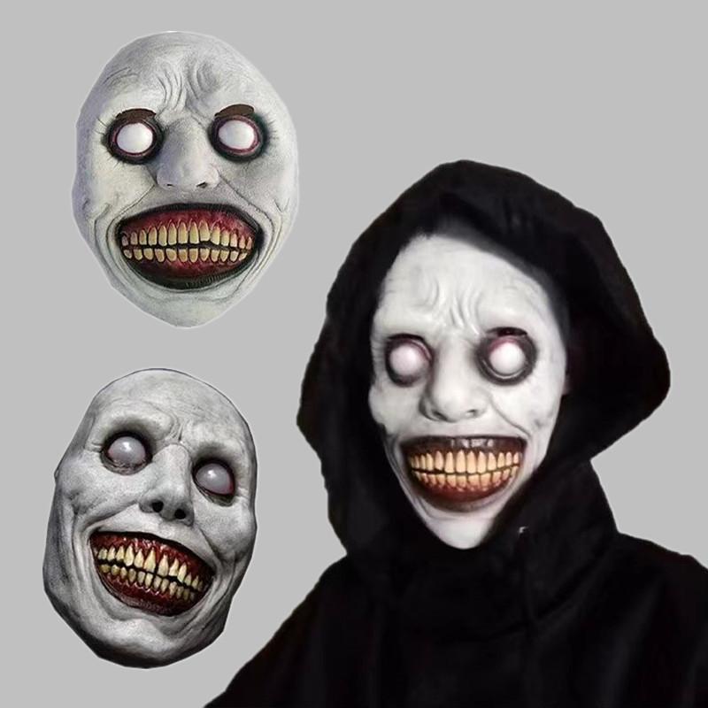 Smile Demon Mask Scary Horror Latex Full Face Halloween Cosplay Props Creepy White Eye Party Costume Adult