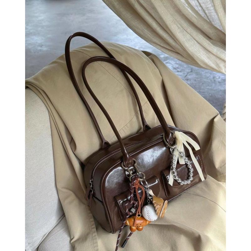 Коричневая ретро корейская женская сумка для боулинга - Большая вместимость, сумка через плечо для осени и зимы