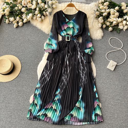 French Chic Dress for Women V-neck Plant Printed Lantern Sleeve Pleated Long Dresses Autumn Dress Female A-line