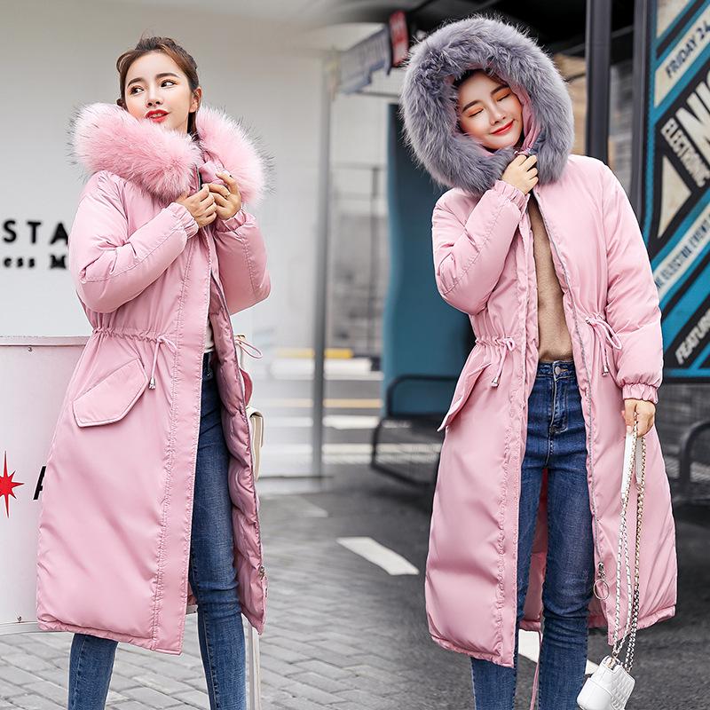 Women Winter Large Fur Collar Down Cotton Padded Jacket Coat Parkas Long Hooded Full Sleeve Zipper Pocket Loose Warm Thick Loose Solid Color