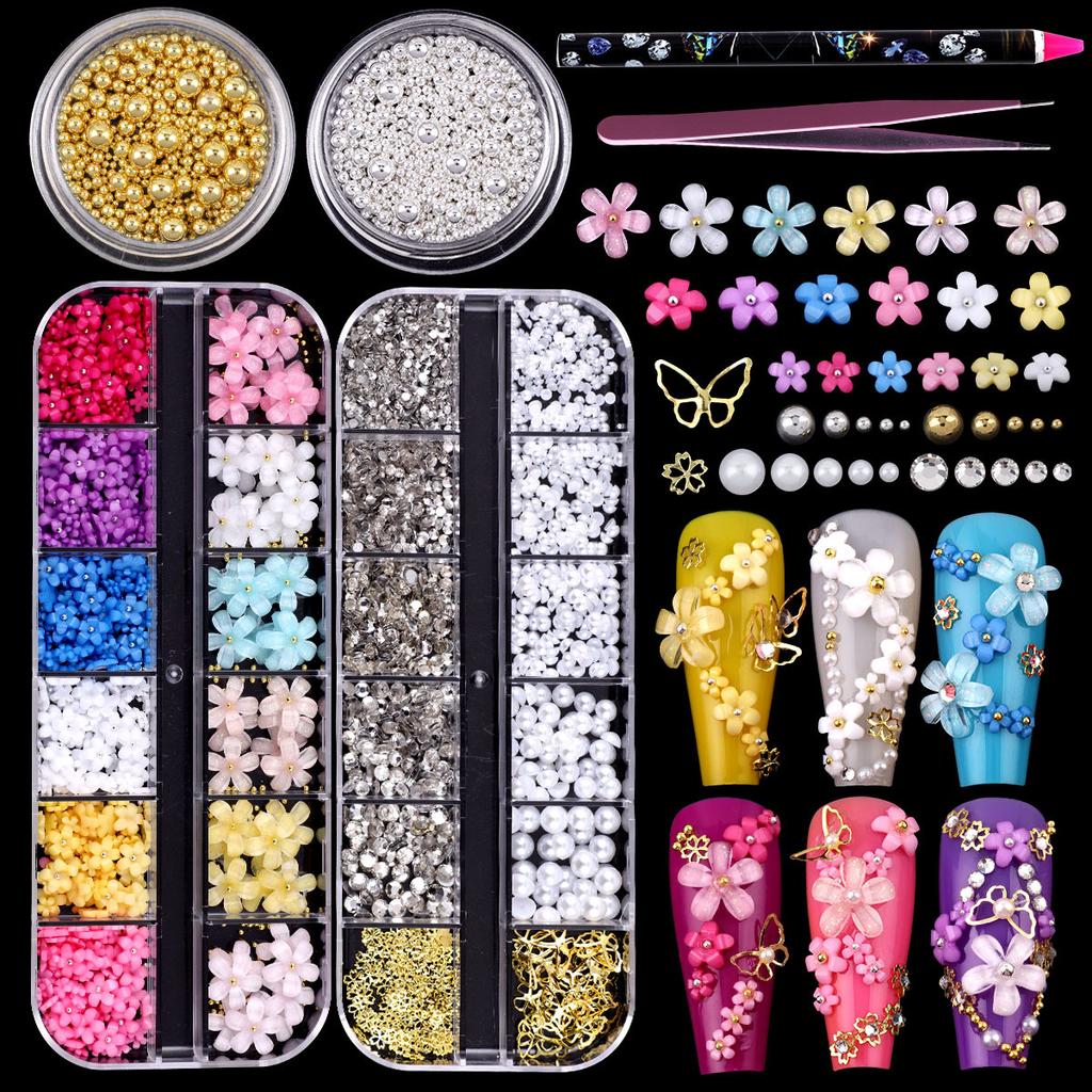 Nail Art Jewelry 10Mm Small Flower Nail Art Five-Petal Flower Resin Petal Mixed Color Steel Ball Nail Set Jewelry