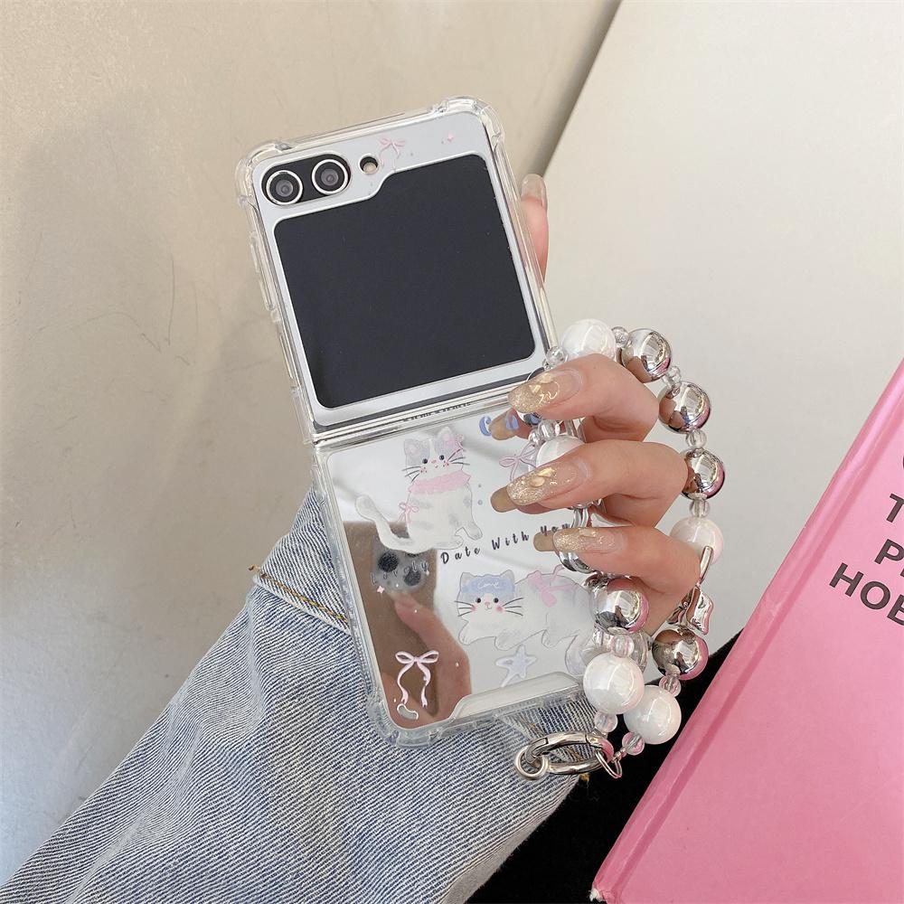Cute Cartoon Butterfly Bracelet Case for Samsung Galaxy Z Flip 5 4 3 6 Flip5 Flip4 Cat Dog Mirror Make Up Wrist Chain Cover