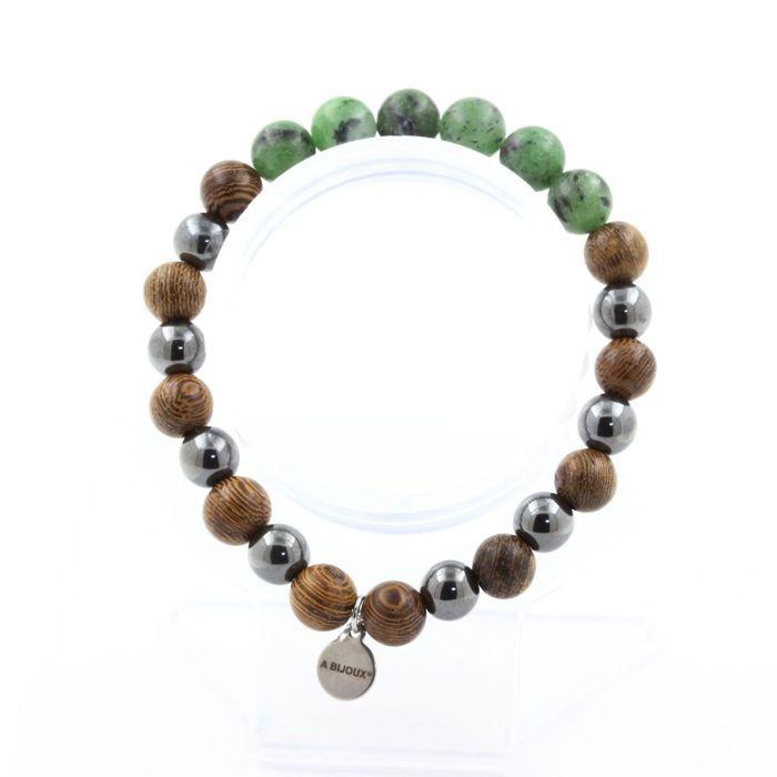 Stones and Minerals. Australian Epidote + Hematite + Wood 8mm Bead Bracelet. Made In France.