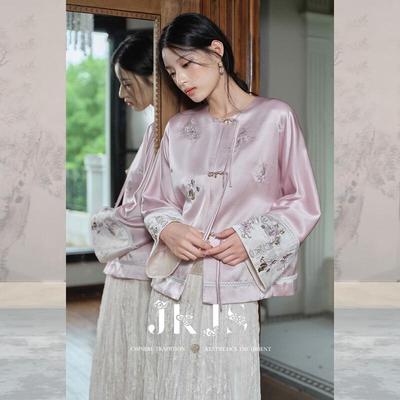 JK&JS Вышитая Ацетатная Куртка в Новом Китайском Стиле с Эффектом Выцветания