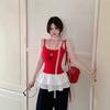 Women's Summer Slim Fit Red Knit Lace Camisole Tank Top, Ballet-Style Embroidered Design, Wearable As Outerwear.