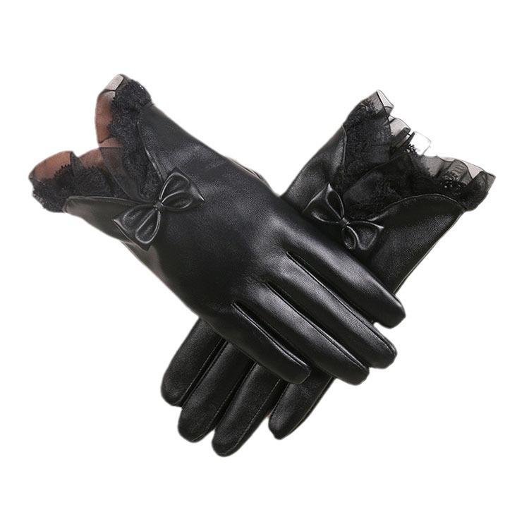 Winter Warm Gloves for Women's New PU Leather Lace Bow Winter Plus Velvet Thickened Touch Screen Gloves