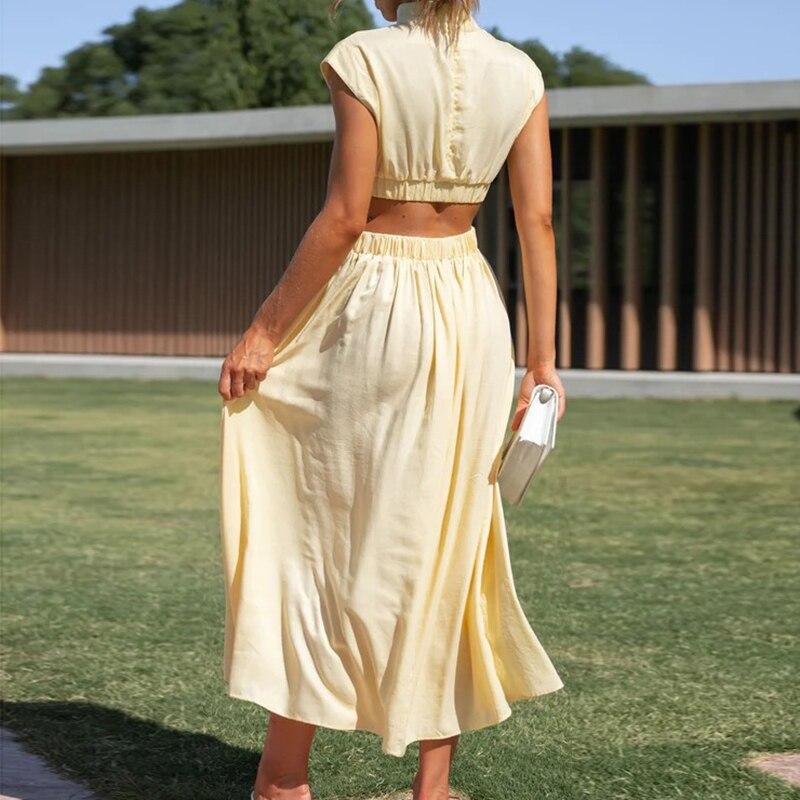 Элегантное платье трапециевидной формы с воротником-стойкой, летнее элегантное сексуальное женское платье с вырезом, повседневное платье без рукавов с открытой талией Y2k, вечерние платья 25544