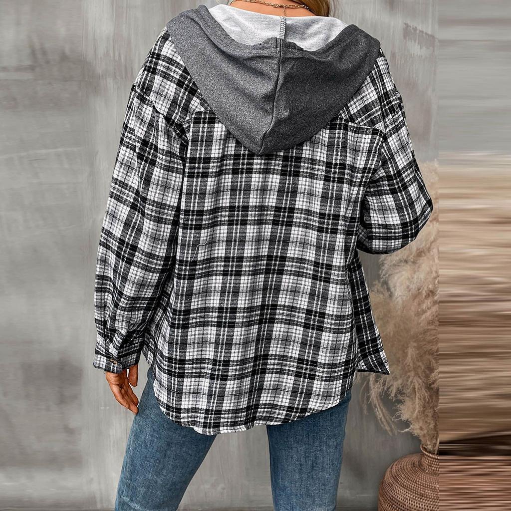 Женская модная широкая клетчатая куртка-рубашка с длинными рукавами и карманами на пуговицах и капюшоном
