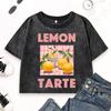 Lemon Tarte Fresh Fruit Prints Washed T Shirt Womens O-Neck Fitness Short Sleeve Crop Tops Cotton Casual T-Shirts