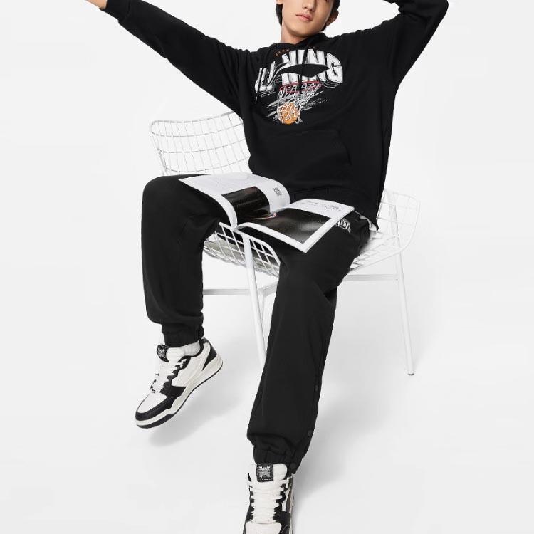 Li Ning Sports Lifestyle Series Lettered Hooded Hooded Fleece Pullover Long Sleeve Hoody Long Sleeve Men sweatshirt Black AWDTE39-1