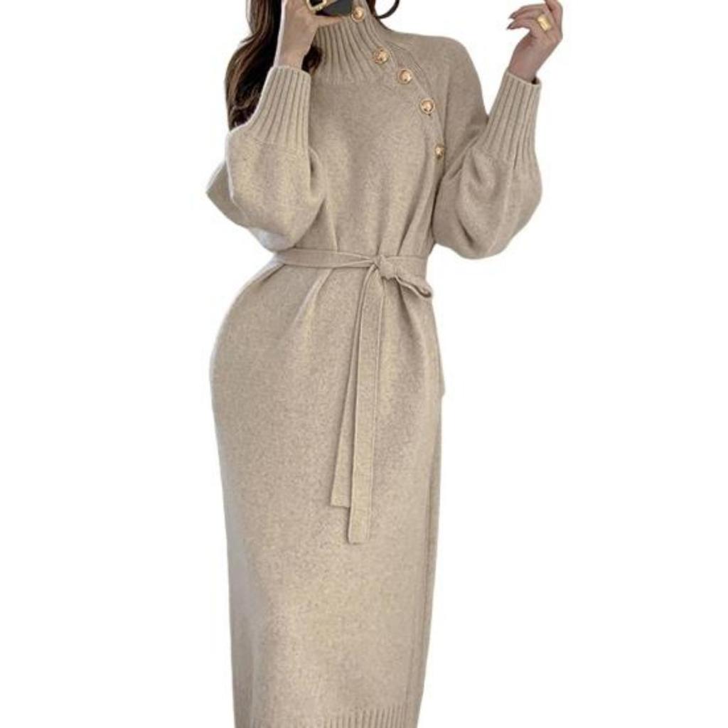 Autumn Winter Lady Dress Knitted High Collar Neck Protection with Belt Long Lantern Sleeves Ankle Length Button Decor Solid Color Maxi Dress