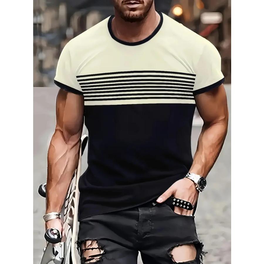 Мужская дышащая летняя футболка — повседневный полосатый 3D-принт, круглый вырез, короткий рукав, сетчатая ткань для комфорта и стиля