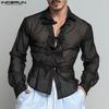 Men Long Sleeve Bow Knot Mesh Sheer Hollow Out Party T-shirts Tops