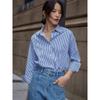 Lady Long Lantern Sleeve Stand Collars Classic Striped Tops Spring Autumn Blouse Woman Shirt Plus Size